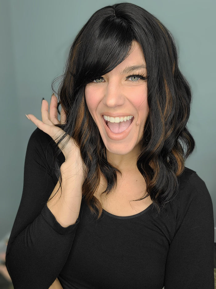 Hazel Blues® | Wavy Synthetic Wig in Dark Brown with Highlights - Hazel Blues®