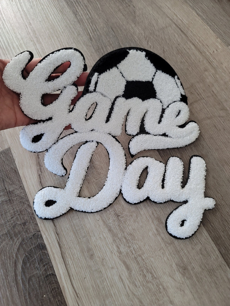 Hazel Blues® |  White Game Day with SOCCER Chenille Iron-on Patch