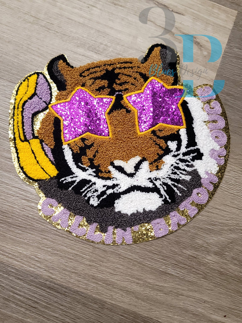 3Blues Designs |  2 Colors | Large Tiger Face Chenille Iron-on Patch