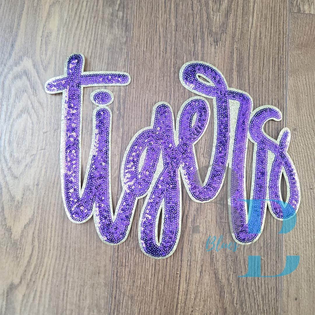 Hazel Blues® |  XL Tigers Script Sequin Purple & Gold Glitter Iron-on Patch