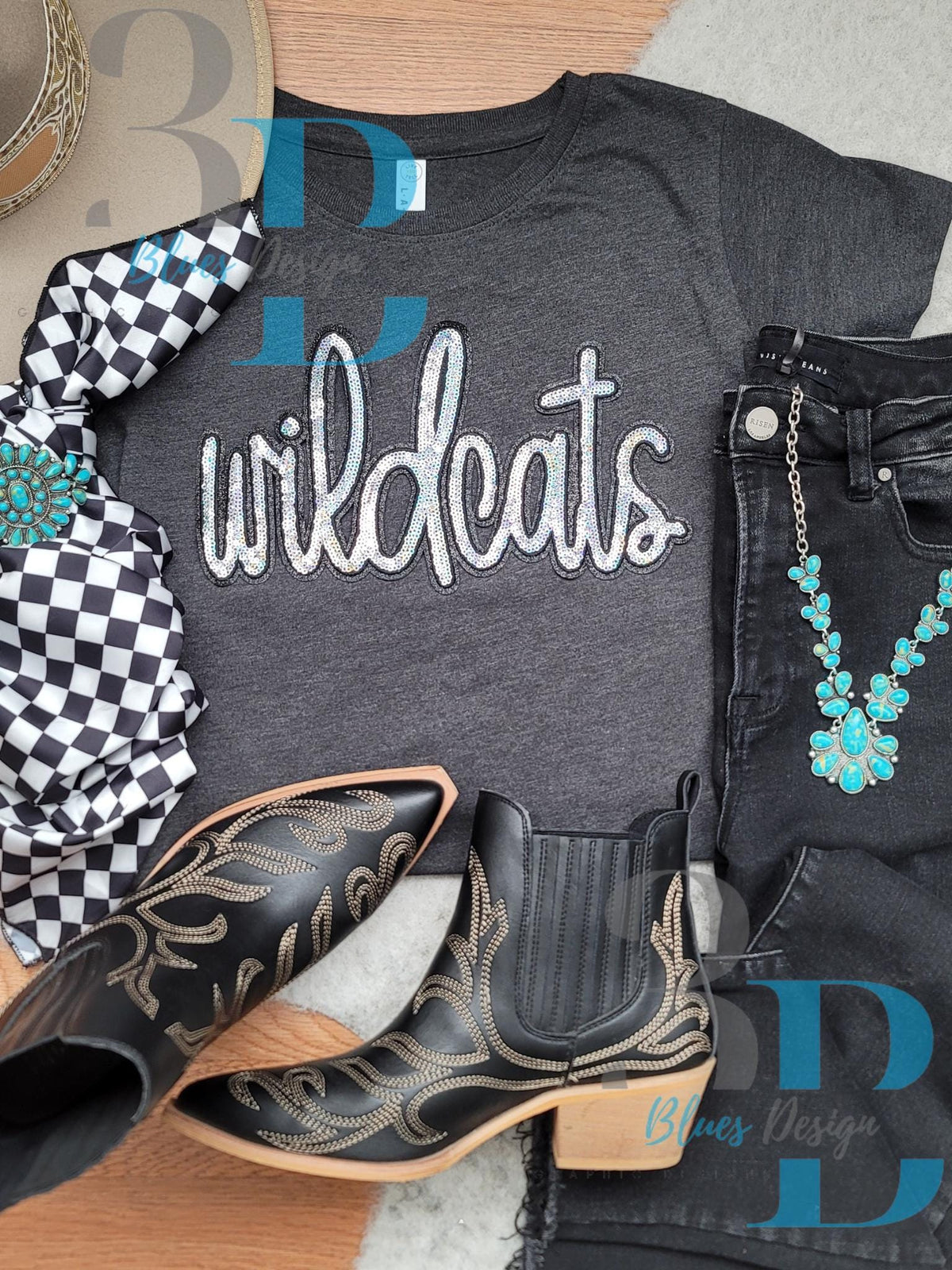 Hazel Blues® |  Wildcats Script Sequin Black & Silver Iron-on Patch