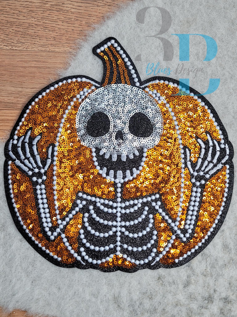 3Blues Designs |  3Blues Designs | XL Skeleton and Pumpkin Sequin & Pearl Iron-on Patch