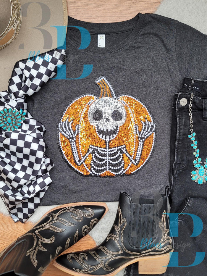 3Blues Designs |  3Blues Designs | XL Skeleton and Pumpkin Sequin & Pearl Iron-on Patch