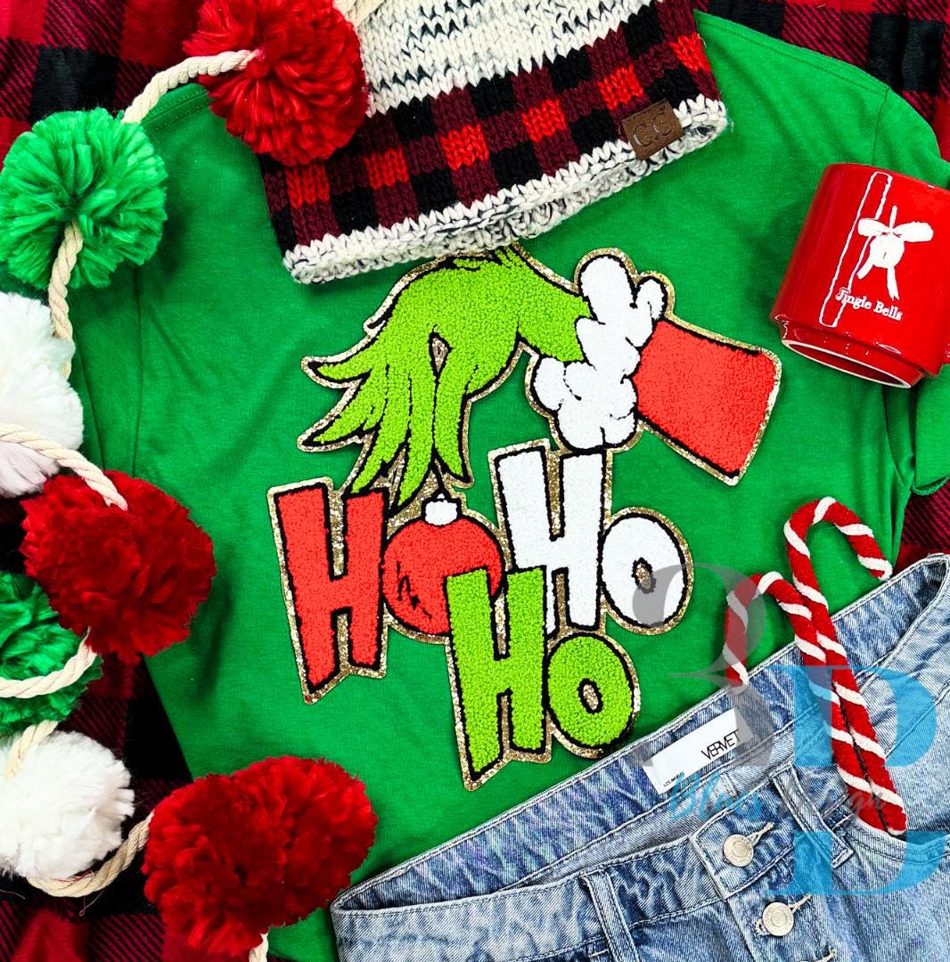 Hazel Blues® |  GRINCHY Ho Ho Ho Chenille Iron-on Patch