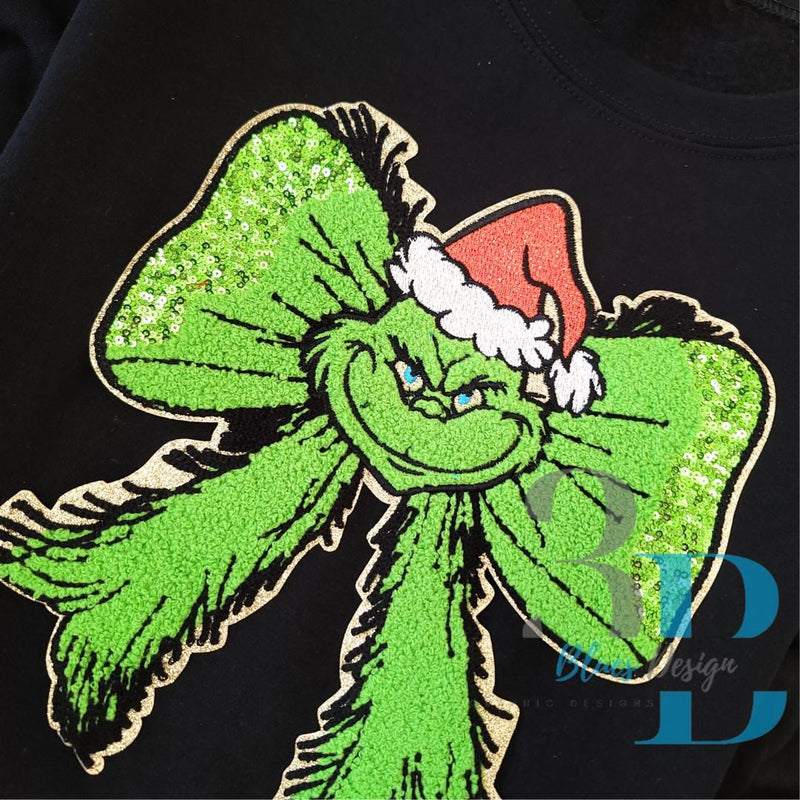 3Blues Designs | Grinchhhyy Face Bow Christmas Sequin & Chenille Iron-on Patch