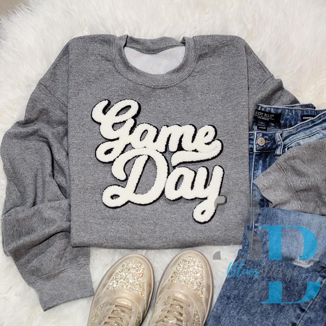 3Blues Designs |   White Game Day Patch Sweatshirt