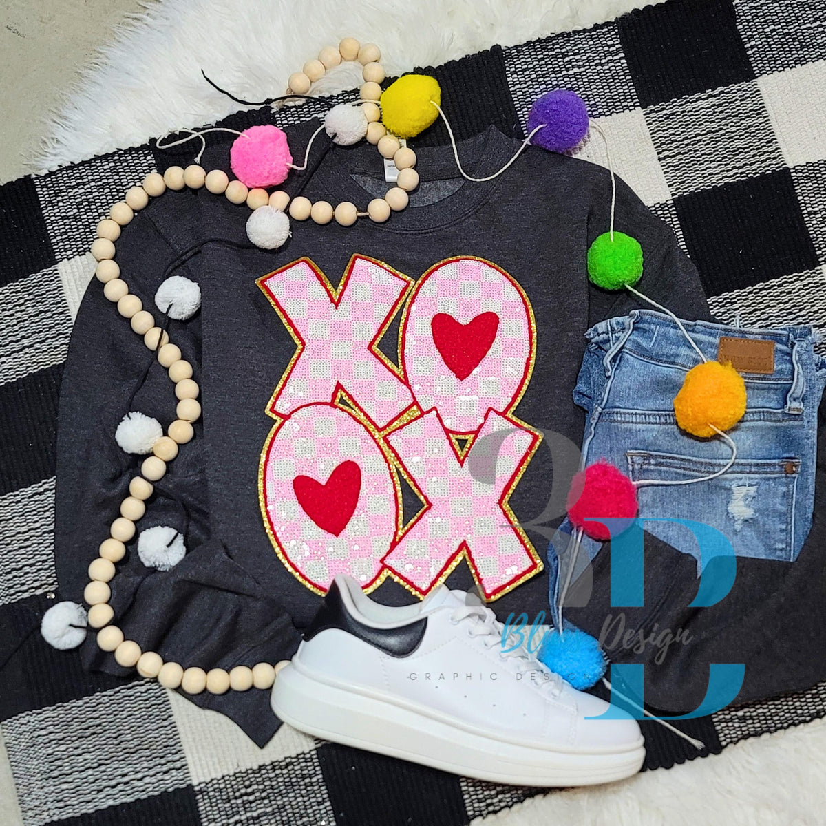 Hazel Blues® | XLARGE XOXO Sequin Checkered & Hearts Iron-on Patch