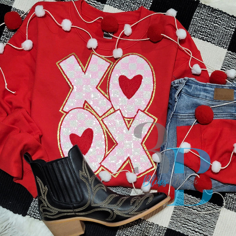 Hazel Blues® | XLARGE XOXO Sequin Checkered & Hearts Iron-on Patch