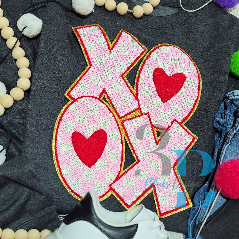 Hazel Blues® | XLARGE XOXO Sequin Checkered & Hearts Iron-on Patch