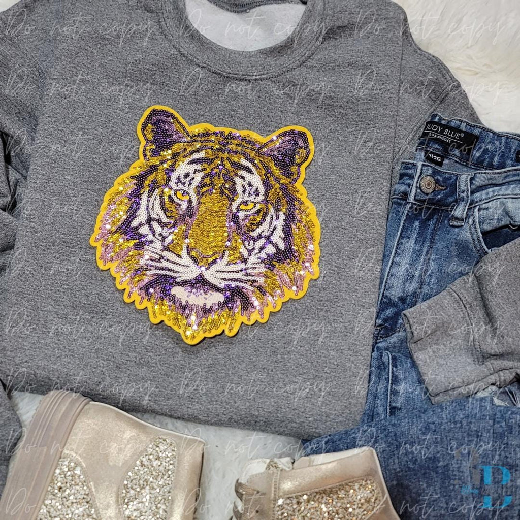 Tiger | Purple and Gold | Yellow Backing | Tiger Face Sequin Iron-on Patch