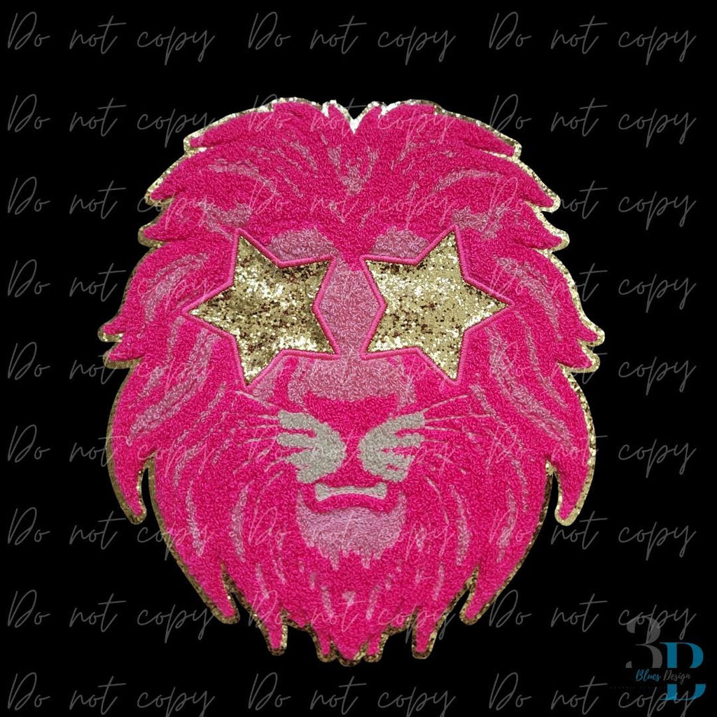 Hot pink Large Lion with Gold Stars Chenille Iron-on Patch