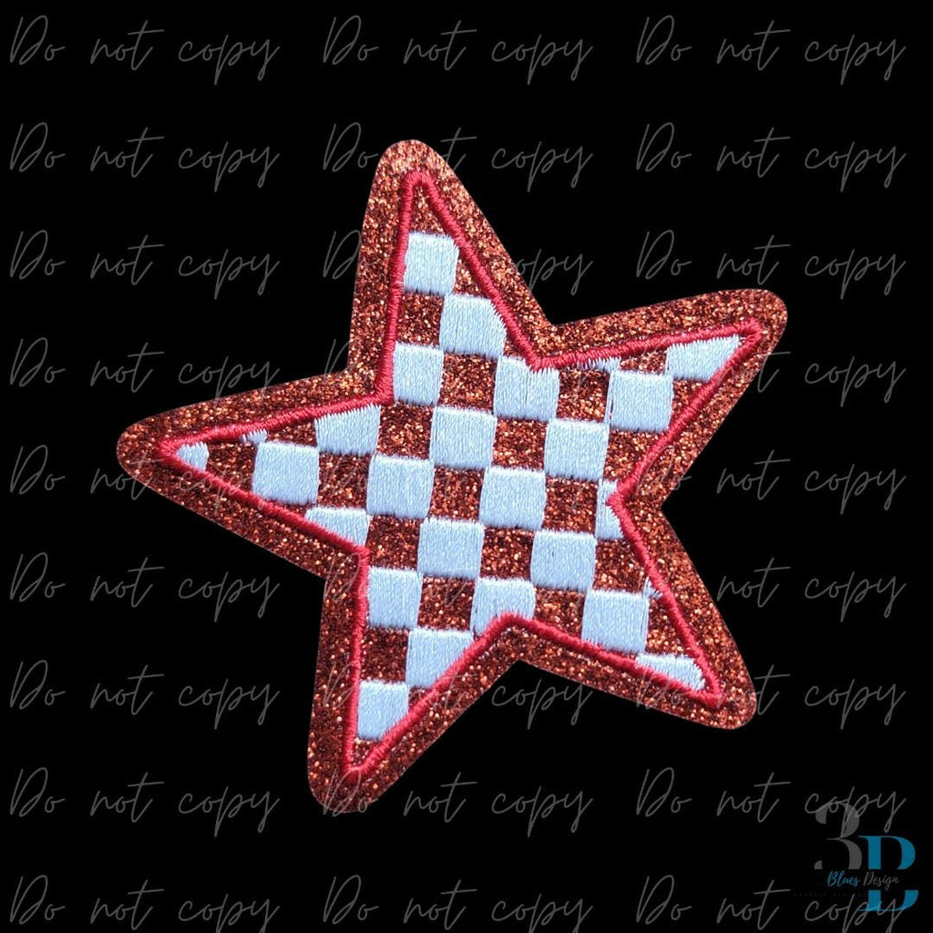 3" Checkered Glitter Red Star Iron On Patch: Game Day
