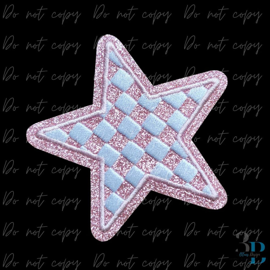 3" Checkered Glitter Pink Star Iron on Patch: Embroidered Game Day Decor