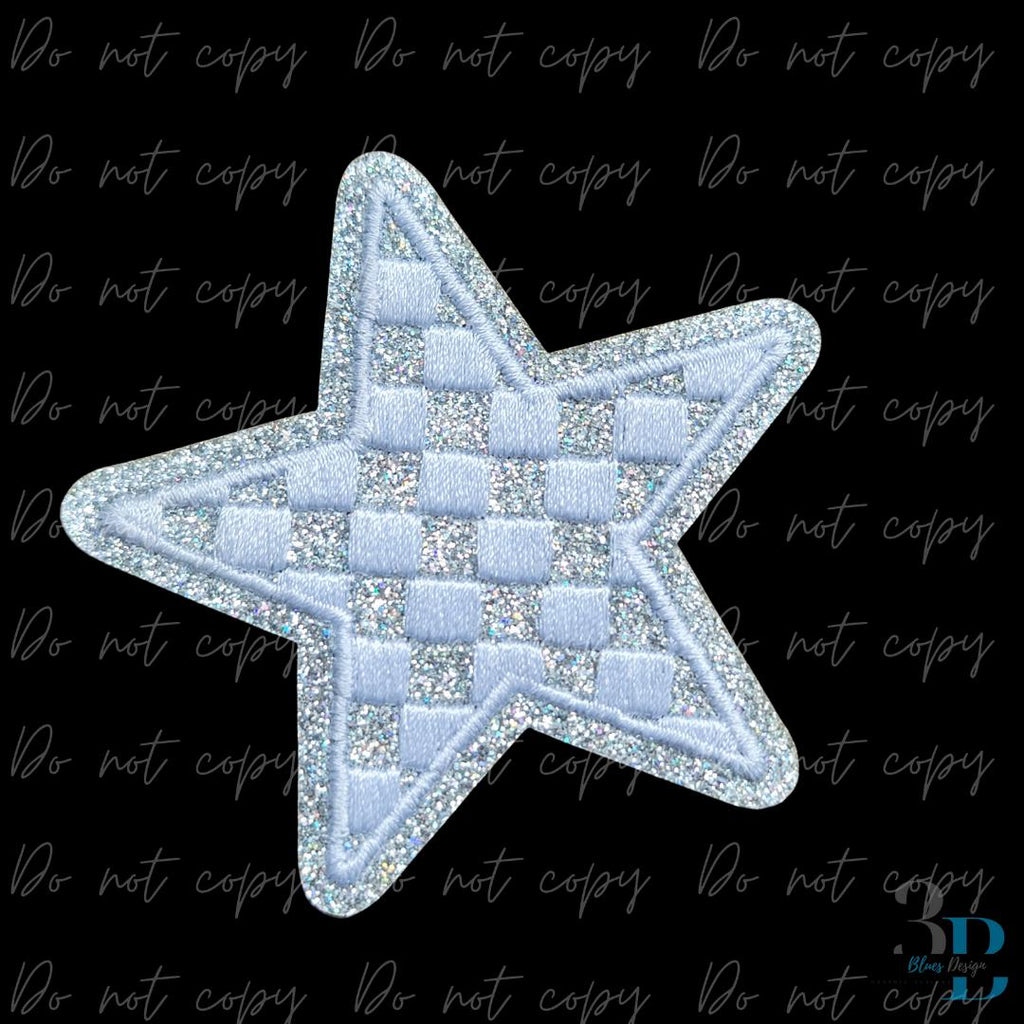3" Checkered Glitter Silver Star Iron on Patch