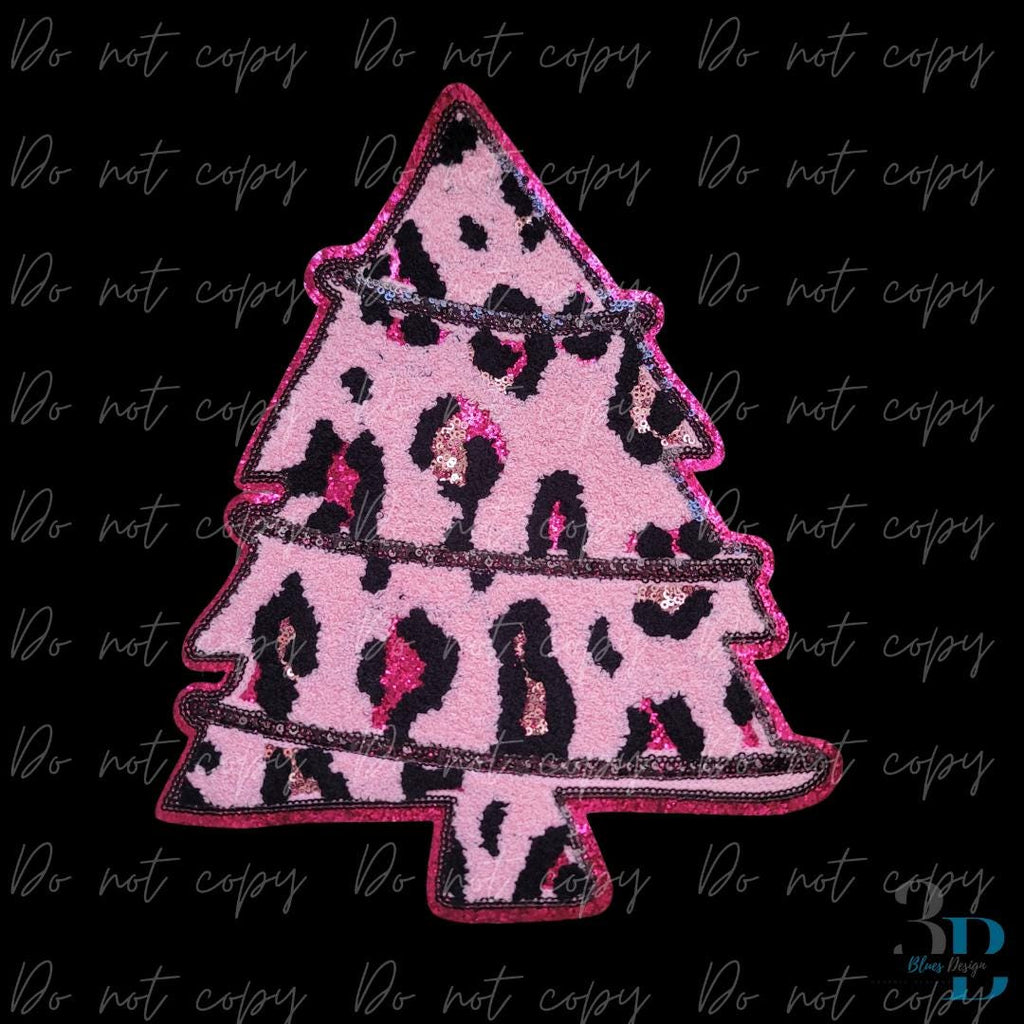 Pink Leopard Chenille and Glitter Christmas Tree Iron on Patch