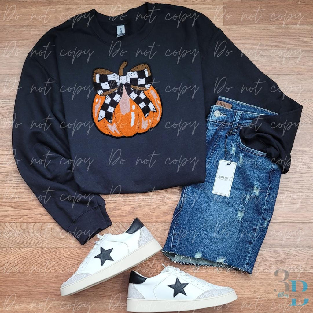Pumpkin Checker Bow| Fall Chenille Iron-on Patch