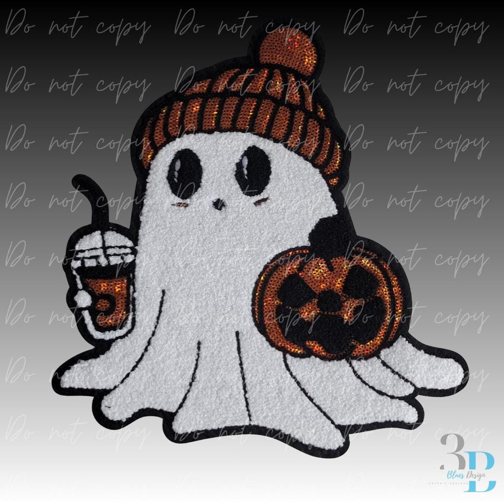 Large Ghost with Pumpkin | Spooky Chenille Iron-on Patch