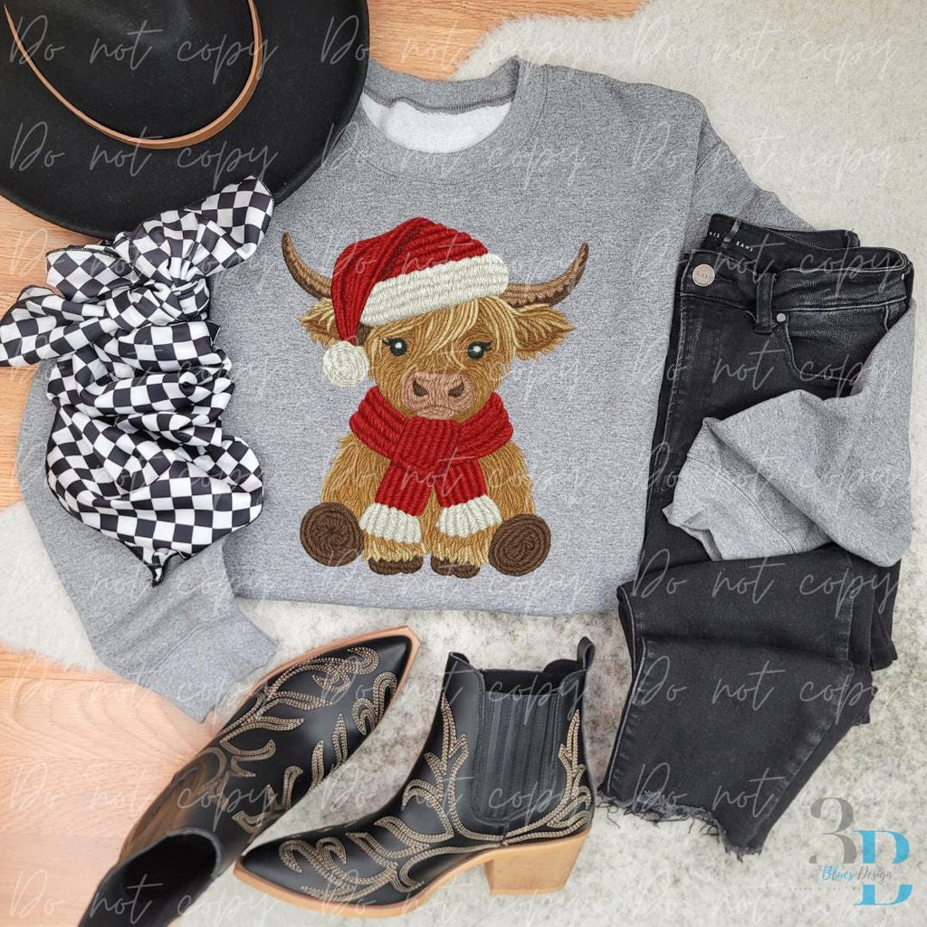 Faux Embroidered Highland Cow | Christmas | DTF Transfer Sheet Iron On