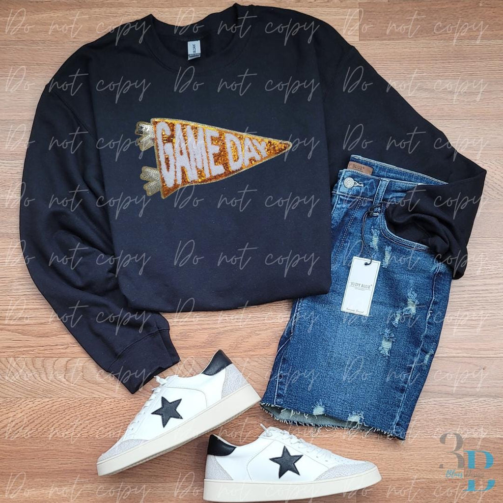 Orange Sequin with Gold Trim Game Day pennant flag Iron-on Patch