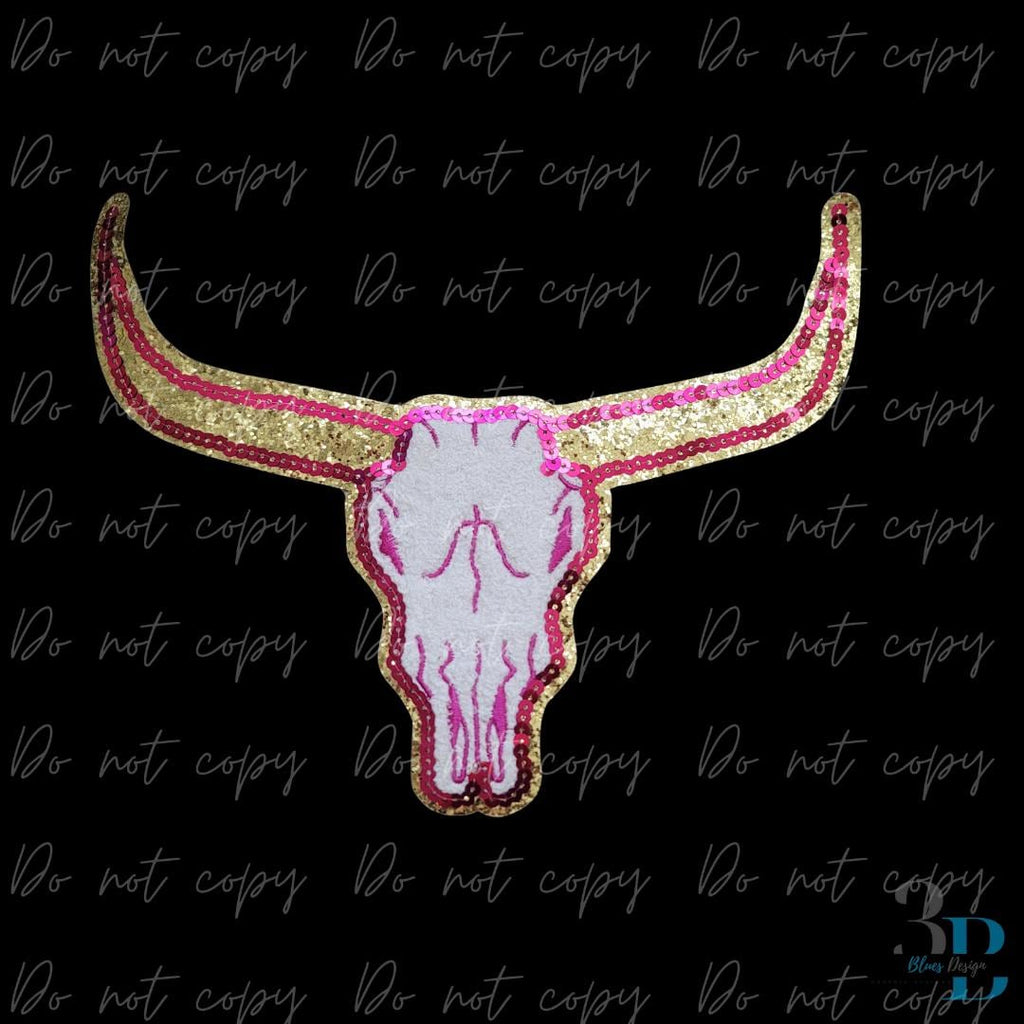 Long Horn Skull| Cow Skull| Hot Pink and Gold Iron-on Patch