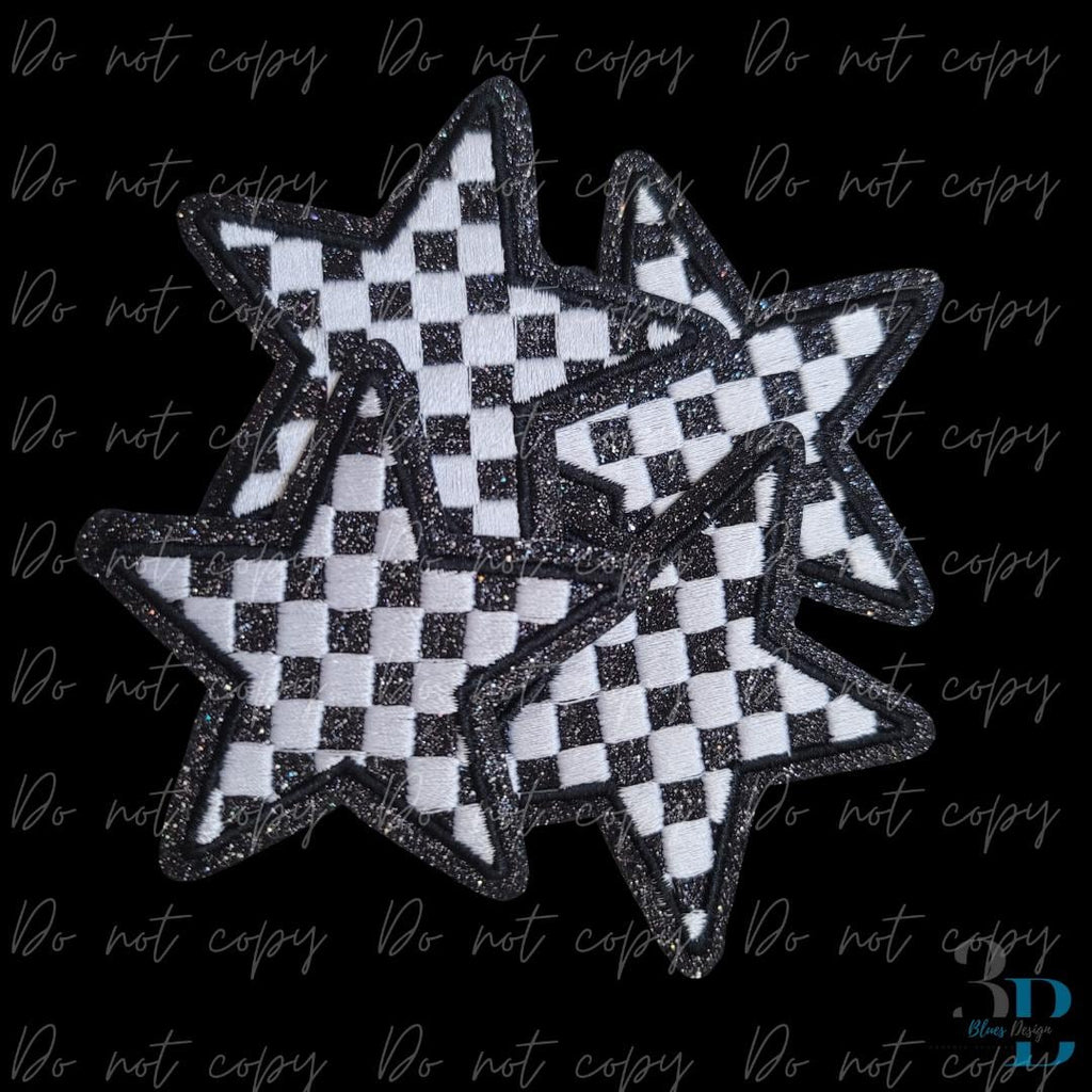 Checkered Glitter Black Star Patch - Embroidered Iron-On (3")