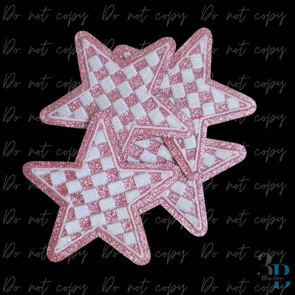 3" Checkered Glitter Pink Star Iron on Patch: Embroidered Game Day Decor