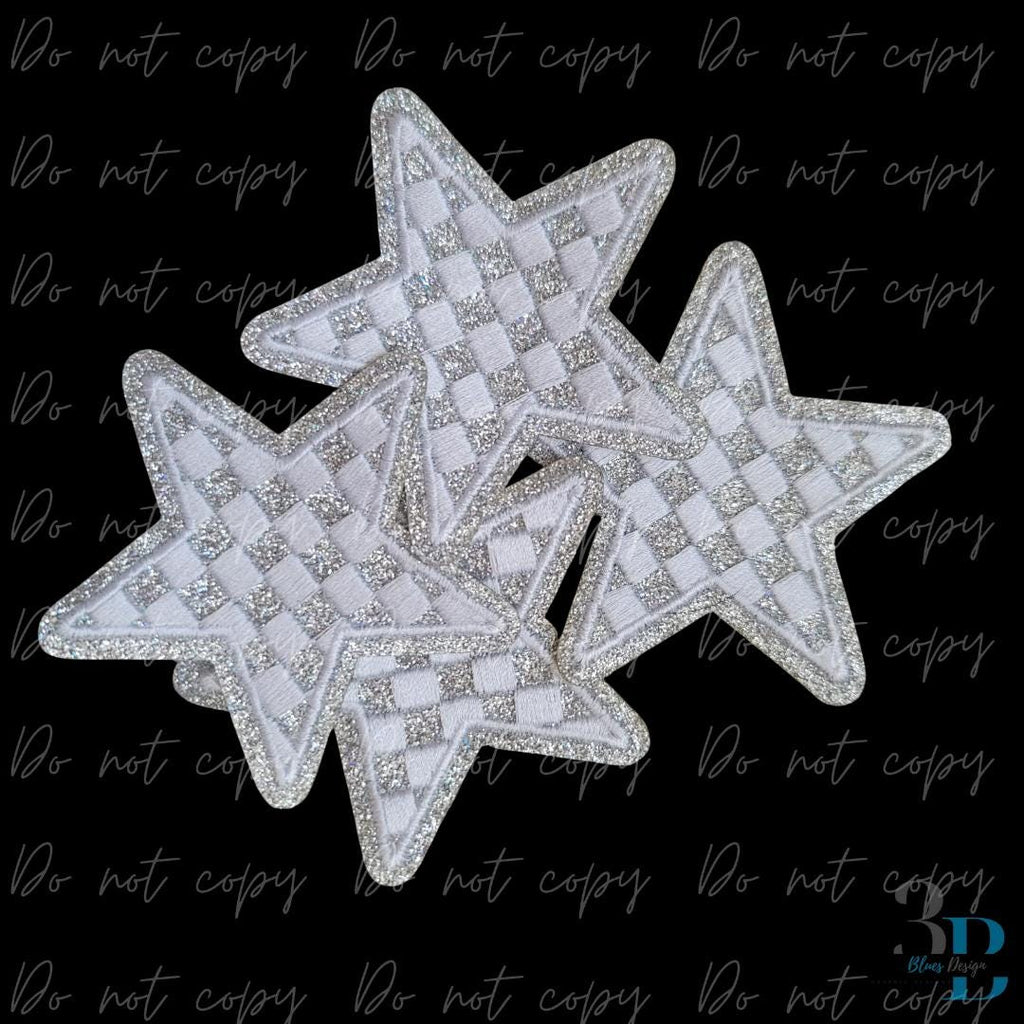 3" Checkered Glitter Silver Star Iron on Patch