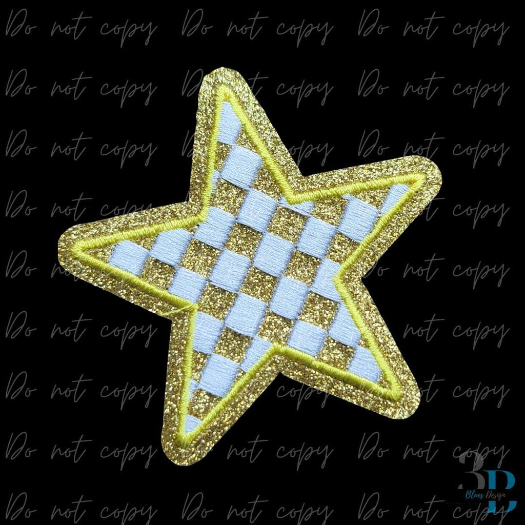 Checkered Glitter Star Iron on Patch - Embroidered Gold (3")
