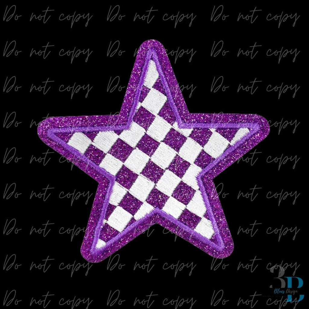 3" Checkered Glitter Purple Star Iron on Patch