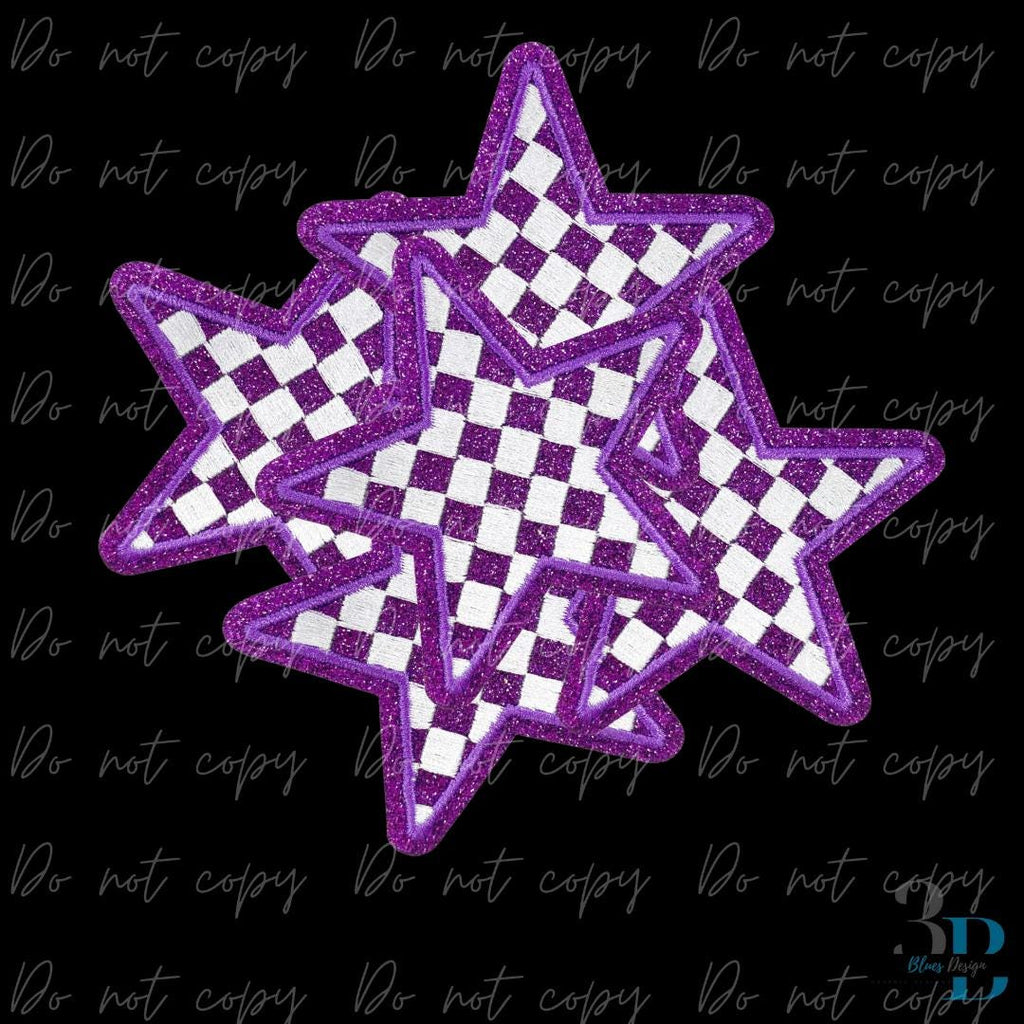 3" Checkered Glitter Purple Star Iron on Patch