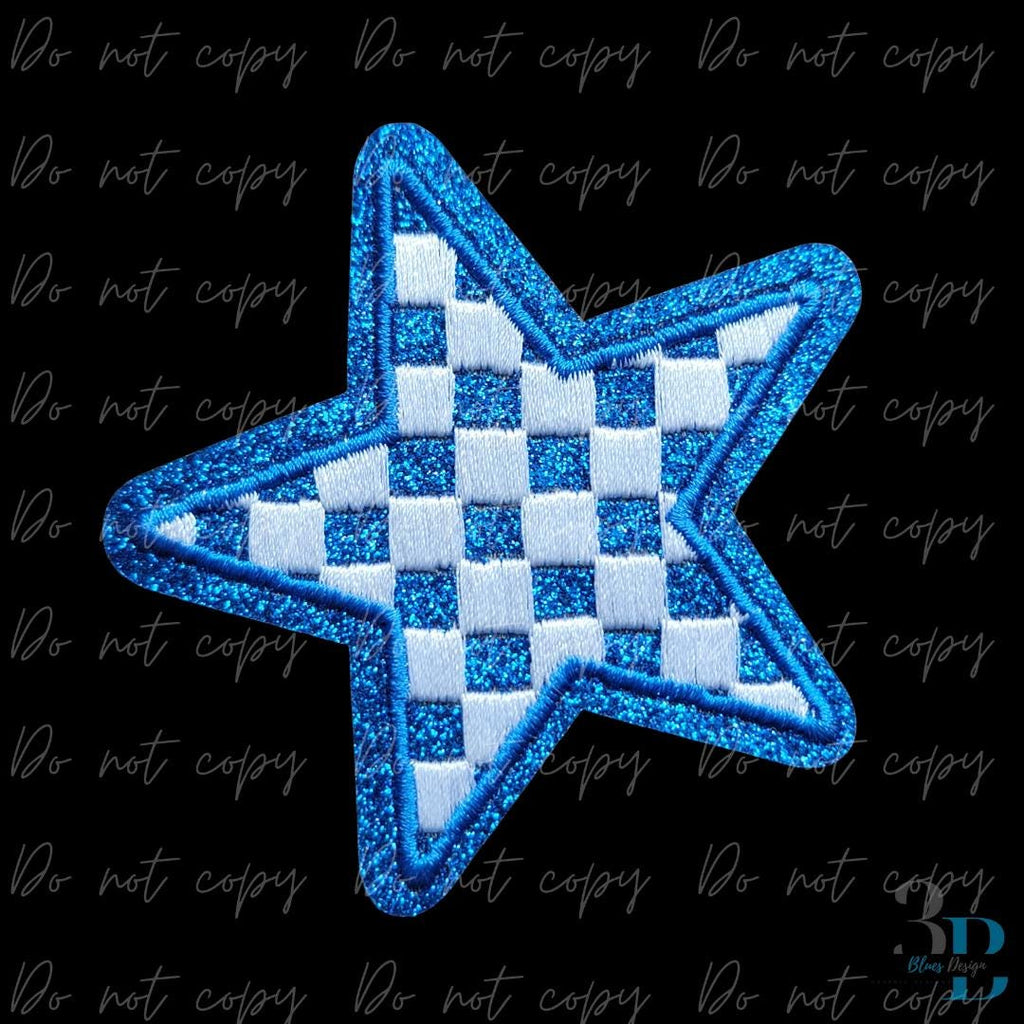 Checkered Glitter Blue Star Iron on Patch - Game Day Patch (3")