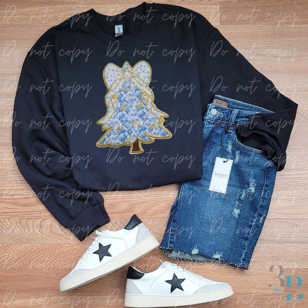 Blue and Gold Floral Embroidered Christmas Tree Iron-on Patch