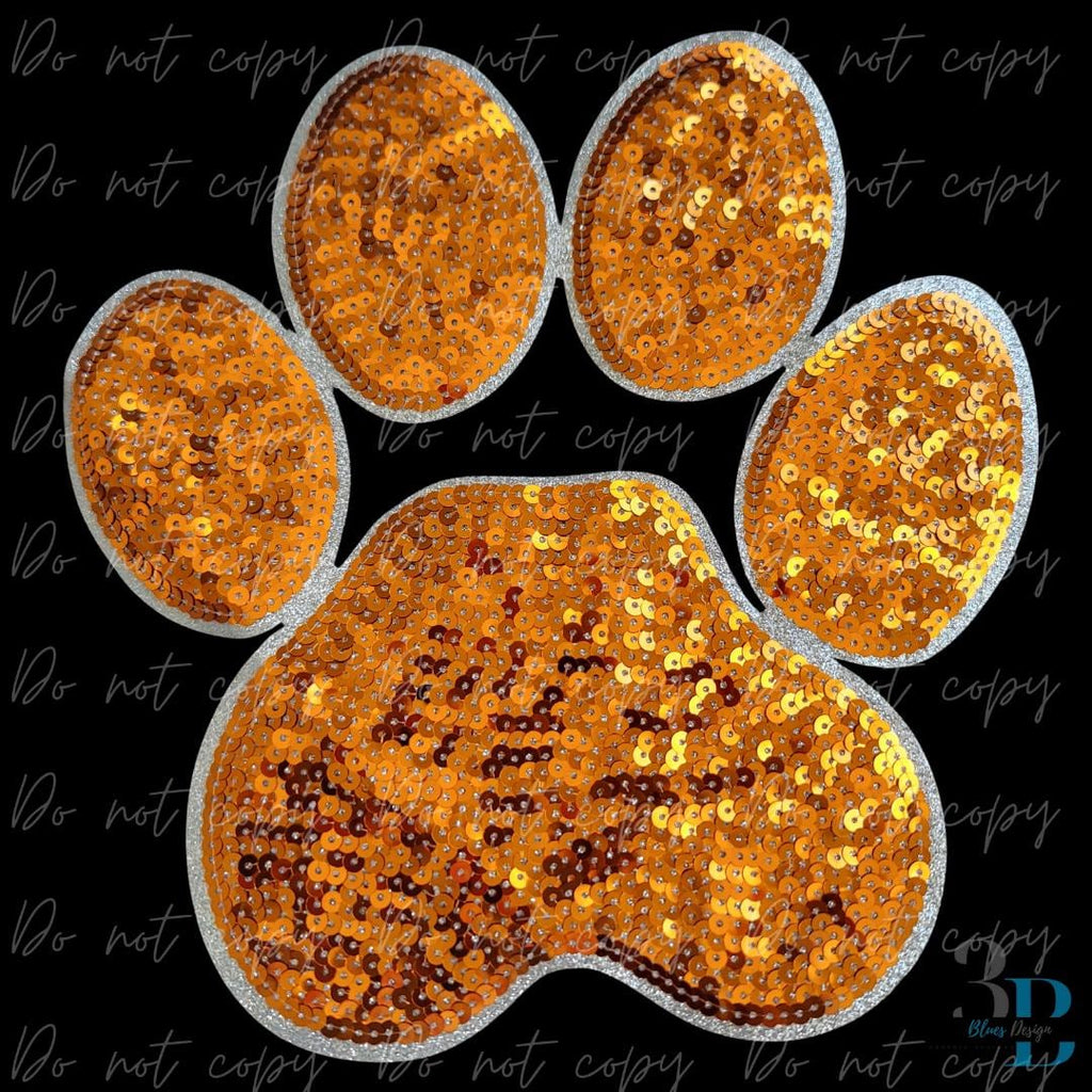Large Sequin Orange Paw w/Silver Iron-on Patch