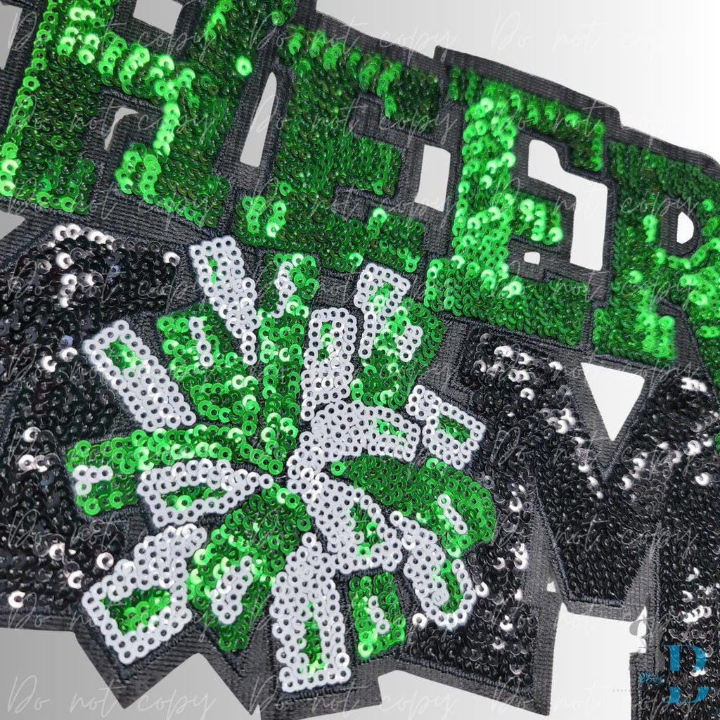 Cheer Mom Sequin Patch, Green and Black, Iron On