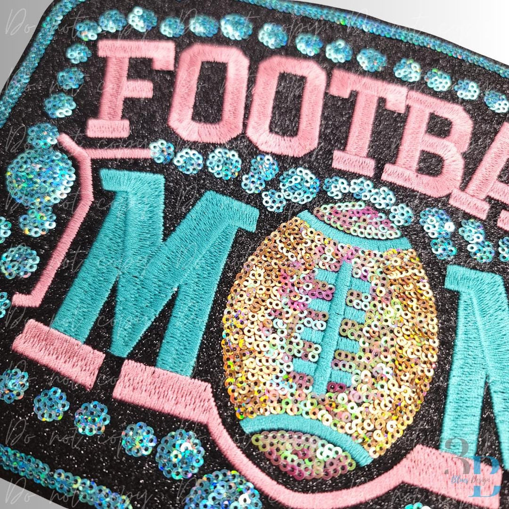 XXLarge Football Mom Pink and Teal Embroidered and Sequin Iron-on Patch