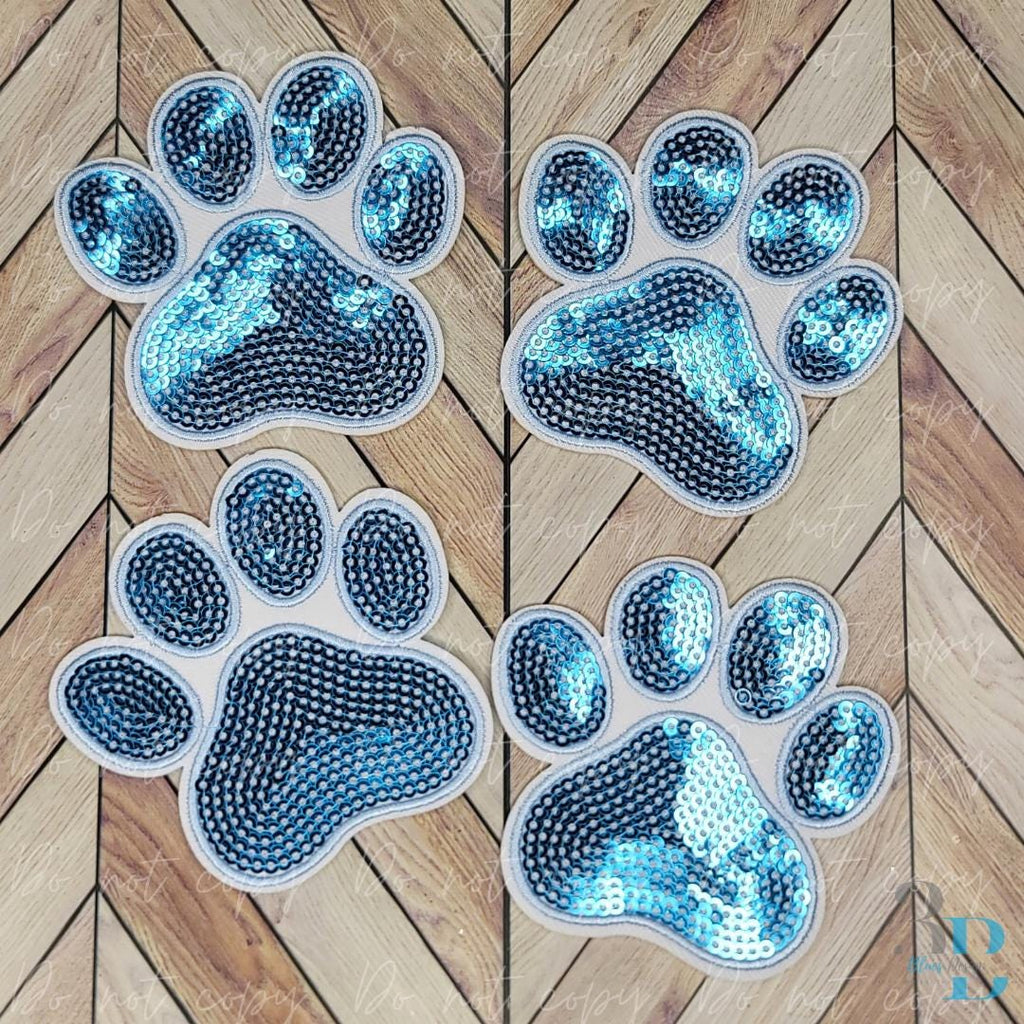 3" Sequin Light Blue Paw w/White Iron-on Patch