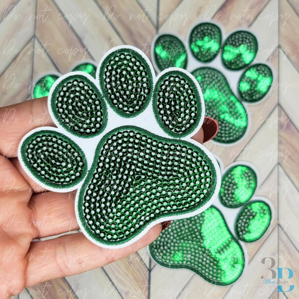 3" Sequin Green Paw w/White Iron-on Patch