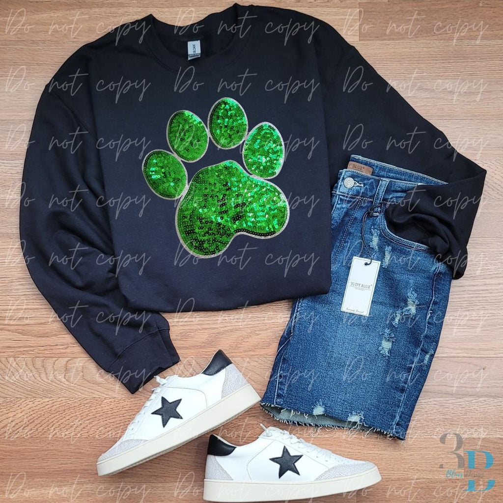 Large Sequin Green Paw w/Silver Iron-on Patch