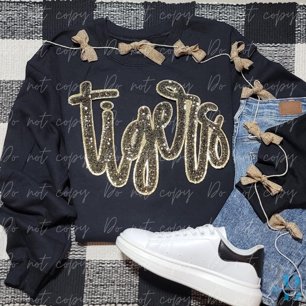 XL Tigers Script Sequin Black & Gold Glitter Iron-on Patch