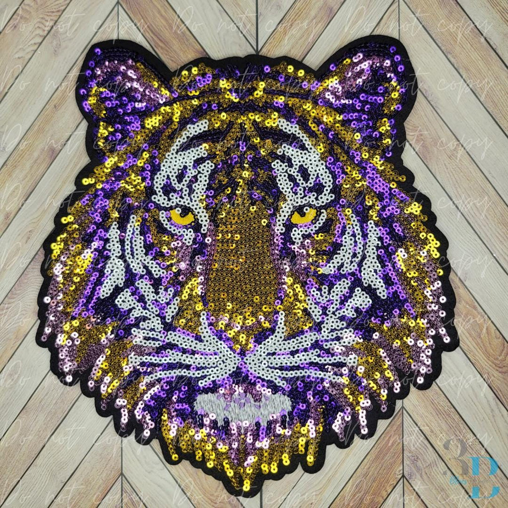 Tiger | Purple and Gold | Black Backing | Tiger Face Sequin Iron-on Patch