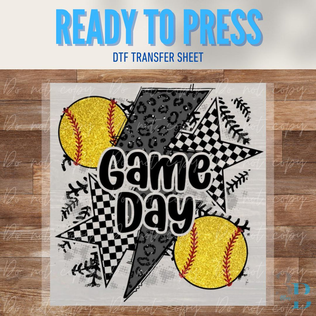 Game Day Softball DTF Transfer | Faux Glitter Bolt Design