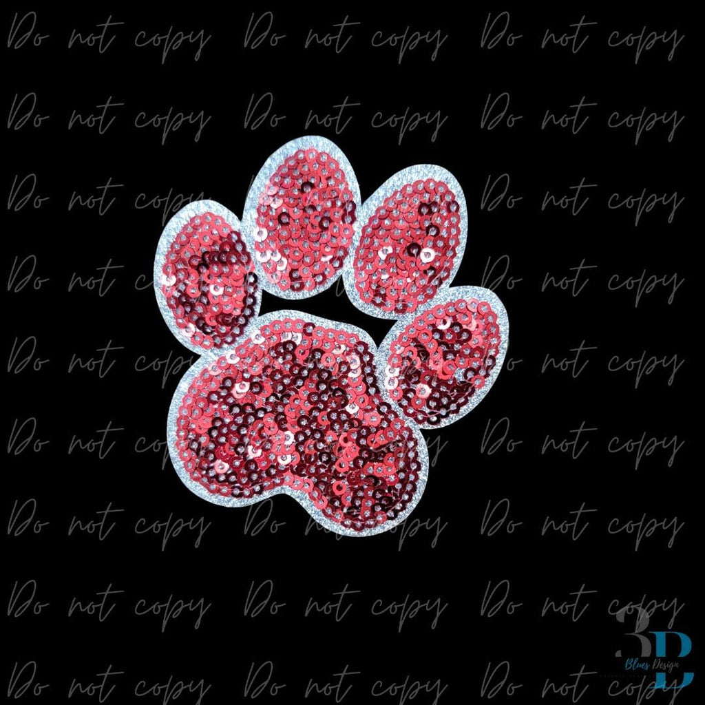 3" Sequin Red Paw w/Silver Iron-on Patch