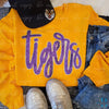 With SIDE BOWS | Sequin Tigers Mascot Sweatshirt: Purple and Gold Louisiana Team Spirit