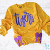 With SIDE BOWS | Sequin Tigers Mascot Sweatshirt: Purple and Gold Louisiana Team Spirit