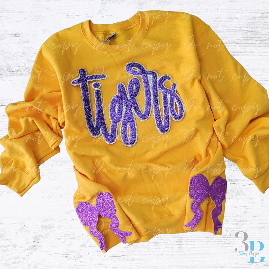 With SIDE BOWS | Sequin Tigers Mascot Sweatshirt: Purple and Gold Louisiana Team Spirit