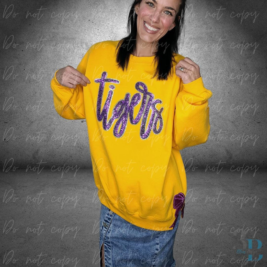 With SIDE BOWS | Sequin Tigers Mascot Sweatshirt: Purple and Gold Louisiana Team Spirit