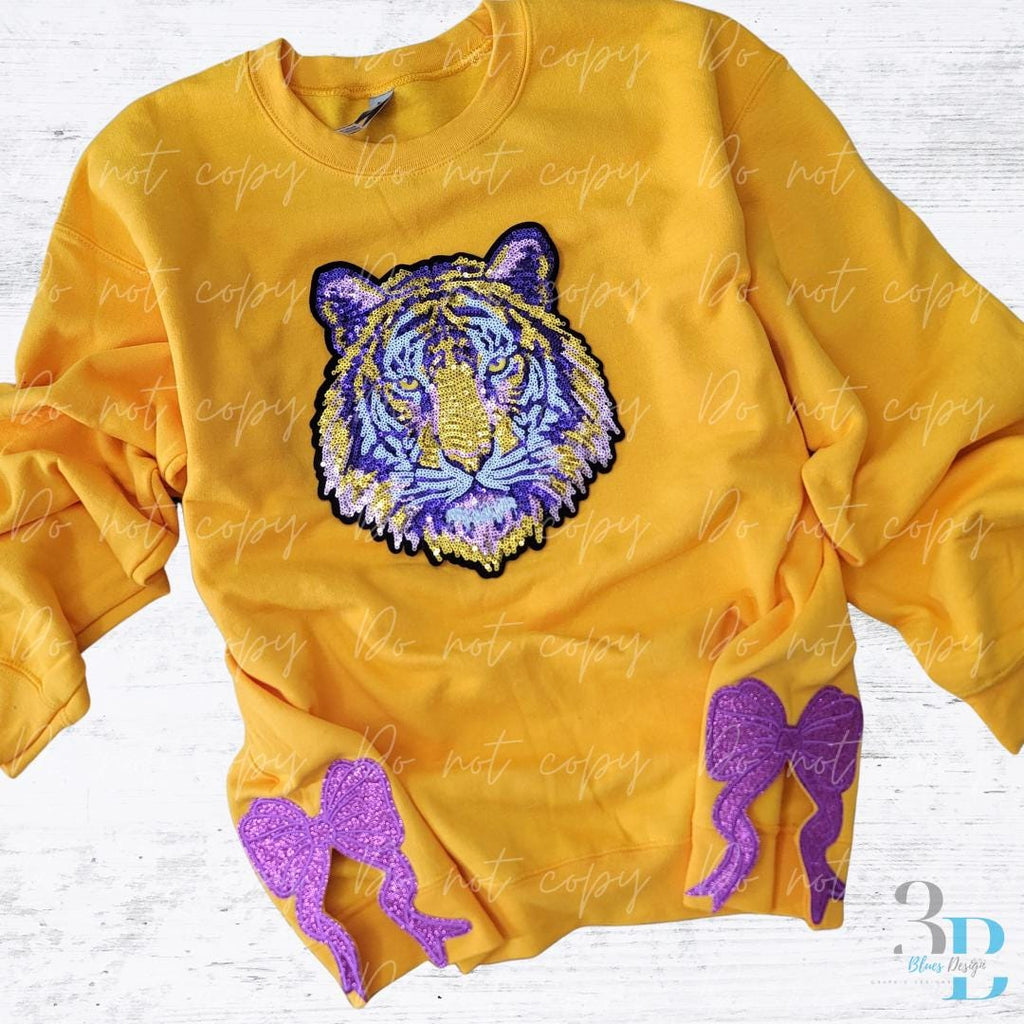 With SIDE BOWS | Sequin Tiger FACE Mascot Sweatshirt: Purple and Gold Louisiana Team Spirit