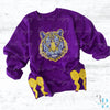 With SIDE BOWS | Sequin Tiger FACE Mascot Sweatshirt: Purple and Gold Louisiana Team Spirit