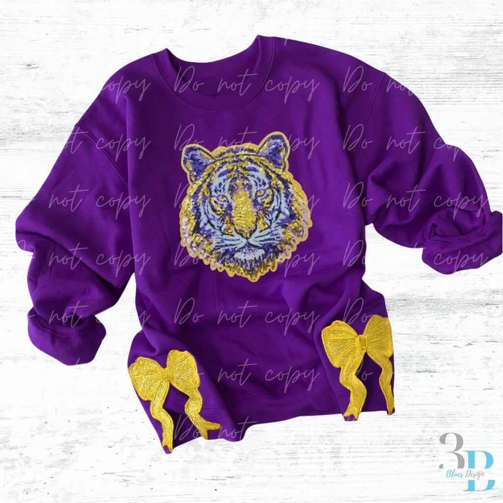 With SIDE BOWS | Sequin Tiger FACE Mascot Sweatshirt: Purple and Gold Louisiana Team Spirit