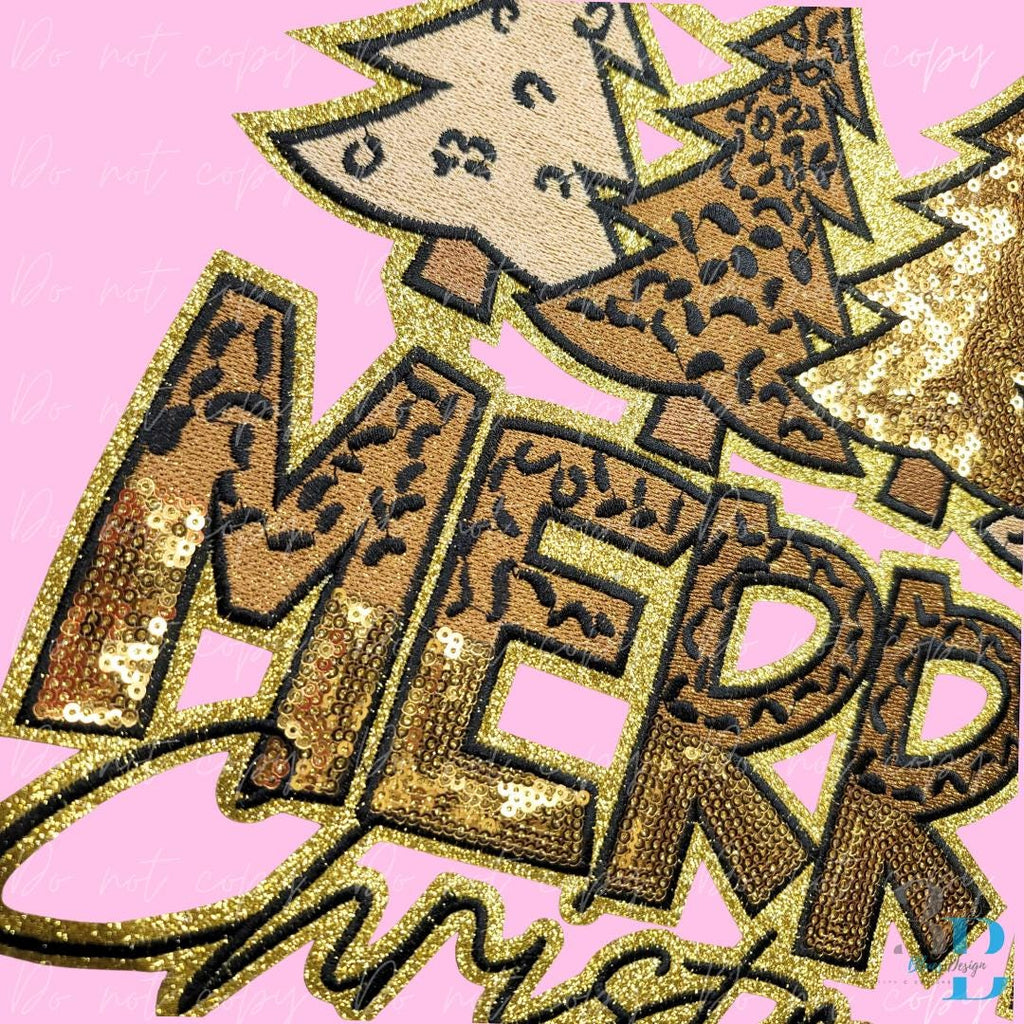 Gold Merry Christmas | Christmas Trees | Iron On Sequin Embroidered Patch
